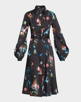 Prabal Gurung Balloon Long-Sleeve Floral-Print Midi Dress