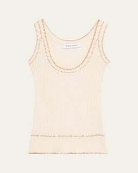 Prabal Gurung Blanket-Stitch Silk-Cashmere Rib Scoop-Neck Tank Top