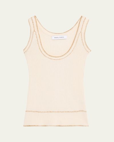 Prabal Gurung Blanket-Stitch Silk-Cashmere Rib Scoop-Neck Tank Top