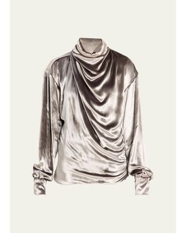 Prabal Gurung Draped Wrap-Neck Velvet Long-Sleeve Blouse