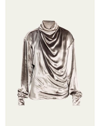 Prabal Gurung Draped Wrap-Neck Velvet Long-Sleeve Blouse
