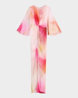 Prabal Gurung Floral Twisted Chiffon 3/4-Sleeve Gown