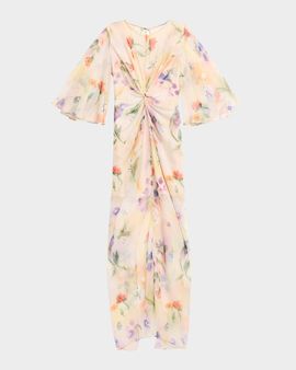 Prabal Gurung Flutter Sleeve Floral Silk Gathered Dress