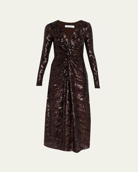 Prabal Gurung Twisted Front Long-Sleeve Sequined Midi Dress