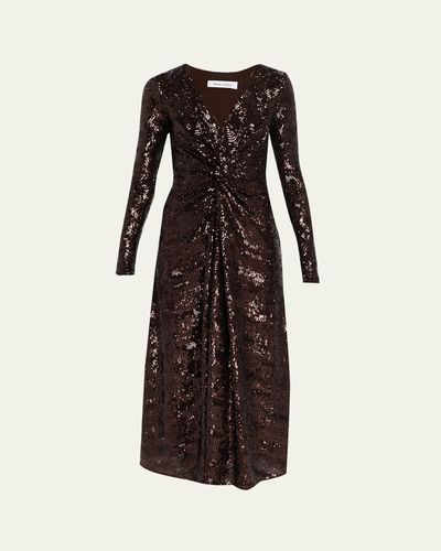 Prabal Gurung Twisted Front Long-Sleeve Sequined Midi Dress