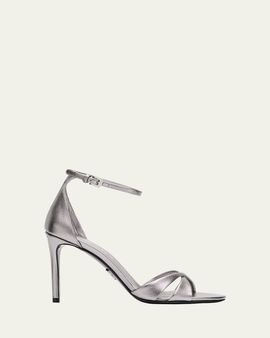 Prada 95mm Vernice Saffiano Metallic Leather Ankle-Strap Sandals