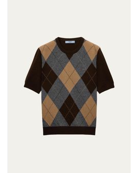 Prada Argyle Cashmere Short-Sleeve Crewneck Sweater