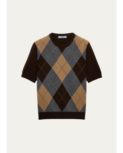 Prada Argyle Cashmere Short-Sleeve Crewneck Sweater