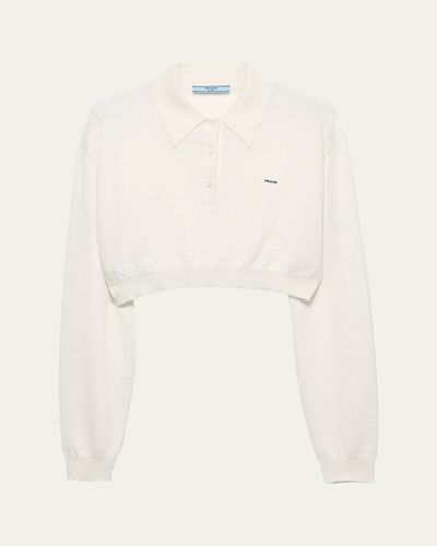 Prada Cashmere Long-Sleeve Cropped Polo Sweater