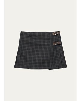 Prada Check Pleated Buckle Wrap Mini Skirt