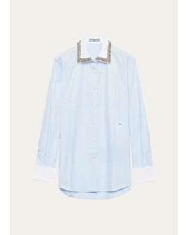Prada Cotton Embellished Contrast-Collar Shirt