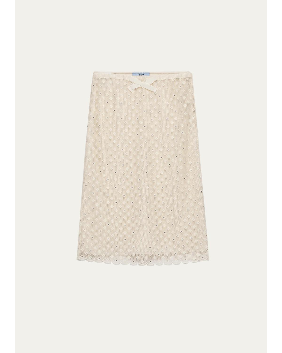 Prada Embellished Floral Mesh A-Line Skirt