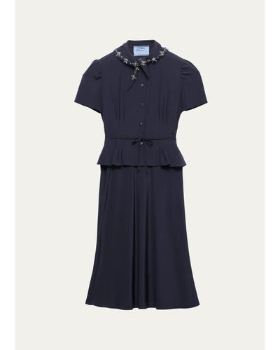 Prada Embellished Scarf-Neck Short-Sleeve Peplum Midi Dress