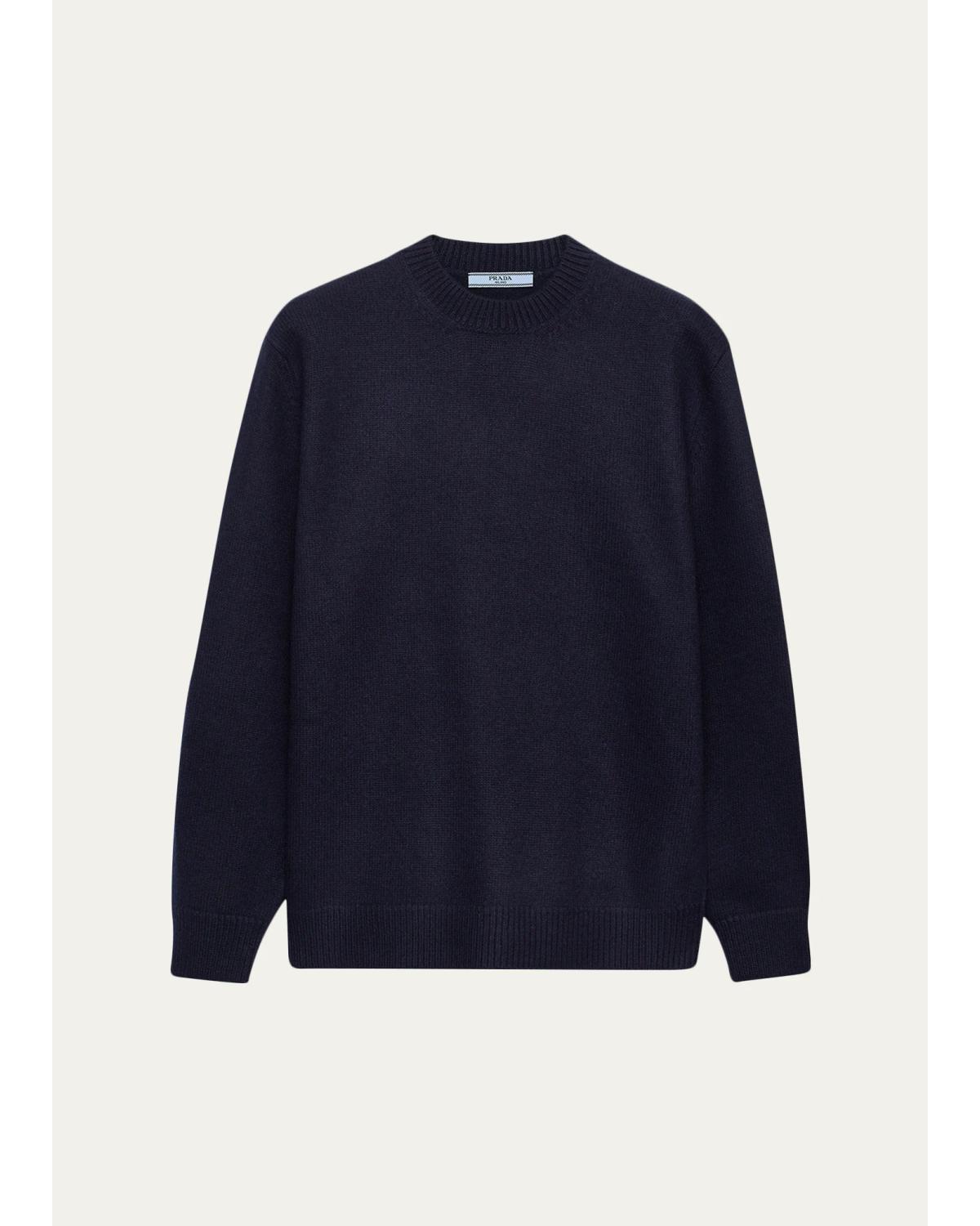 Prada Leather Elbow-Patch Wool Crewneck Sweater