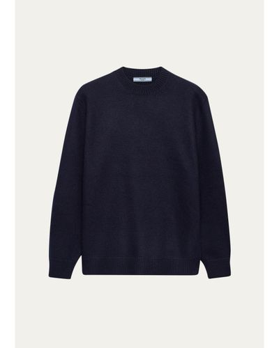 Prada Leather Elbow-Patch Wool Crewneck Sweater
