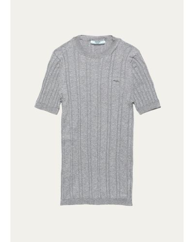 Prada Logo-Embroidered Cotton Ribbed Short-Sleeve Sweater