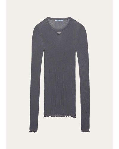 Prada Logo Rib-Knit Silk Top