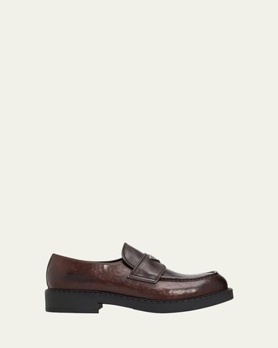 Prada Men's Leather Enamel Logo Moc-Toe Penny Loafers