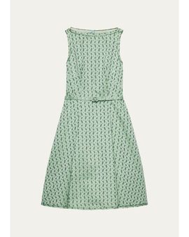 Prada Micro-Floral Cotton-Blend Belted Midi Dress