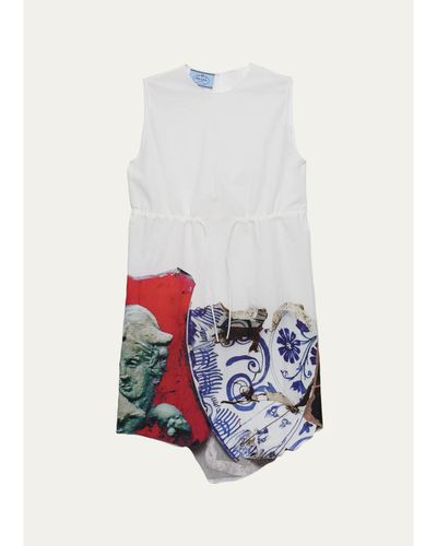 Prada Mixed-Print Cotton-Blend Drawstring Mini Dress