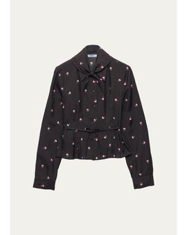 Prada Neck-Scarf Floral Silk Button-Down Blouse