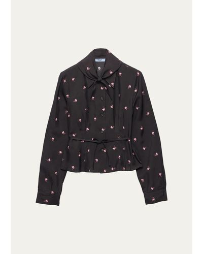 Prada Neck-Scarf Floral Silk Button-Down Blouse