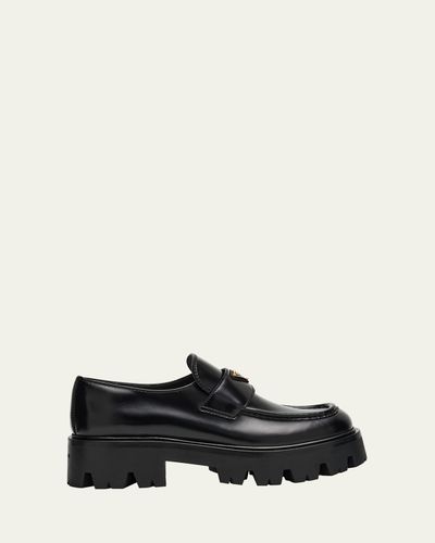 Prada Platform Leather Triangle Logo Loafers