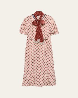 Prada Polka-Dot Silk Puff-Sleeve Midi Dress
