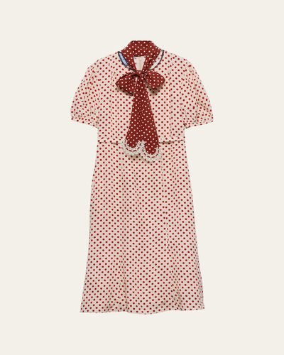Prada Polka-Dot Silk Puff-Sleeve Midi Dress