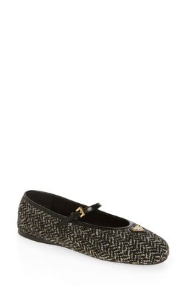 Prada Prada Logo Herringbone Tweed Mary Jane Flat