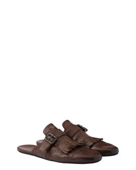 Prada Prada Men's Shuffle Antiqued Leather Mules with Buckled Strap and Fringe