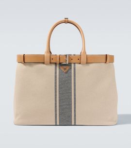 Prada Prada Prada Buckle leather-trimmed canvas tote bag