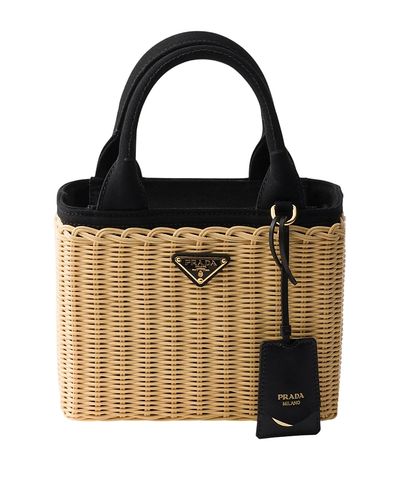 Prada Prada Small Wicker And Canvas Tote Bag