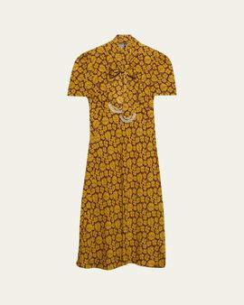 Prada Sable Floral Long Dress with Scarf Tie