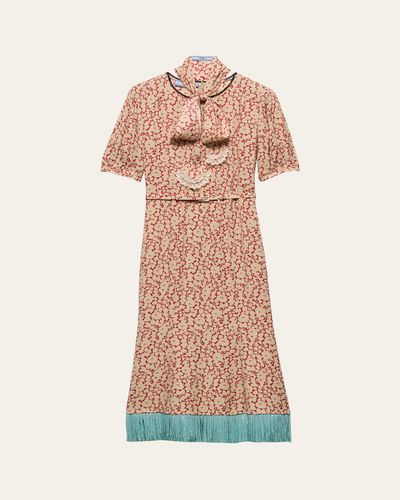 Prada Sable Floral Midi Dress with Scarf Tie