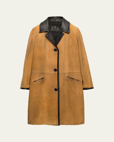 Prada Single-Breasted Suede Coat with Leather Trim