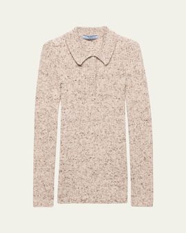 Prada Speckled Wool-Linen Rib Polo Sweater