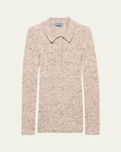Prada Speckled Wool-Linen Rib Polo Sweater