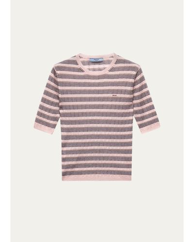 Prada Striped Silk-Cashmere Short-Sleeve Sweater