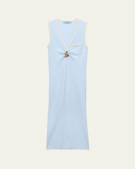 Prada V-Neck Beaded Charm Cotton Rib Dress