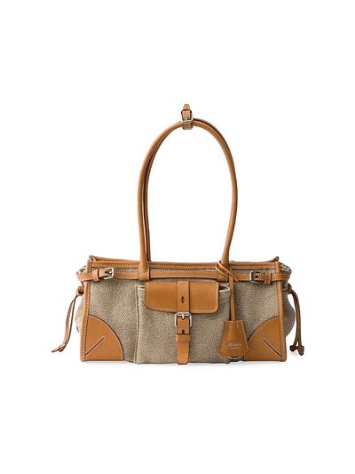 Prada Women's Bonnie Medium Linen and Leather East West Bag