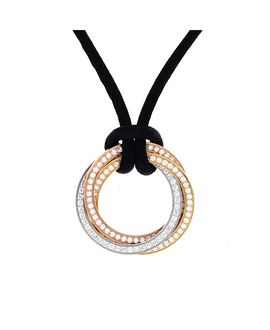 Pre-owned Cartier Pre-Owned Cartier Medium Trinity on Cord Necklace Silk Cord with 18K Tricolor Gold and Pave Diamonds, 24
