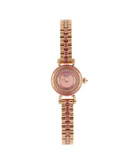 Pre-owned Hermes Pre-Owned HERMES Faubourg Quartz Watch in Rose Gold with Diamond and Pink Sapphire Bezel, Dial and Bracelet 16mm