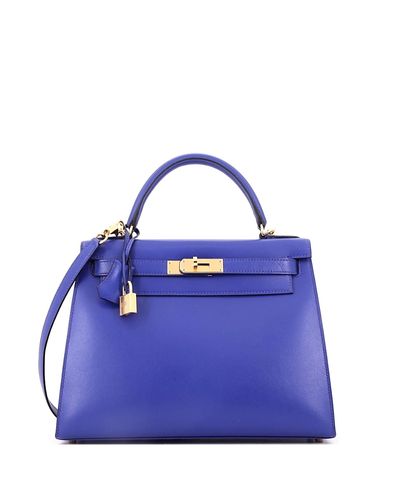 Pre-owned Hermes Pre-Owned HERMES Kelly 28 Handbag Blue Tadelakt with Gold Hardware