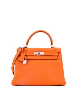 Pre-owned Hermes Pre-Owned HERMES Kelly 28 Handbag Orange Clemence with Palladium Hardware