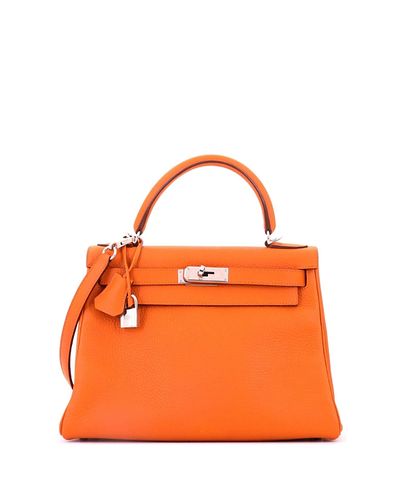 Pre-owned Hermes Pre-Owned HERMES Kelly 28 Handbag Orange Clemence with Palladium Hardware