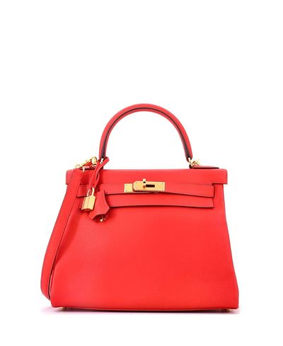 Pre-owned Hermes Pre-Owned HERMES Kelly 28 Handbag Red Evercolor with Gold Hardware