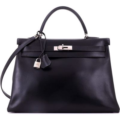 Pre-Owned Hermes Pre-Owned Hermes Kelly Handbag Black Box Calf with Palladium Hardware 35