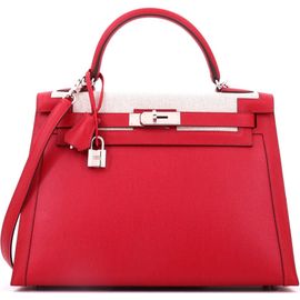 Pre-Owned Hermes Pre-Owned Hermes Kelly Handbag Red Berline Vache Canvas with Swift and Toile with Palladium Hardware 32 