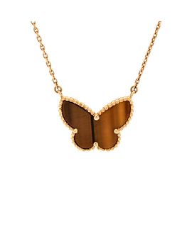 Pre-owned Van Cleef & Arpels Pre-Owned Van Cleef & Arpels Lucky Alhambra Butterfly Pendant Necklace 18K Gold and Tiger Eye, 16.5